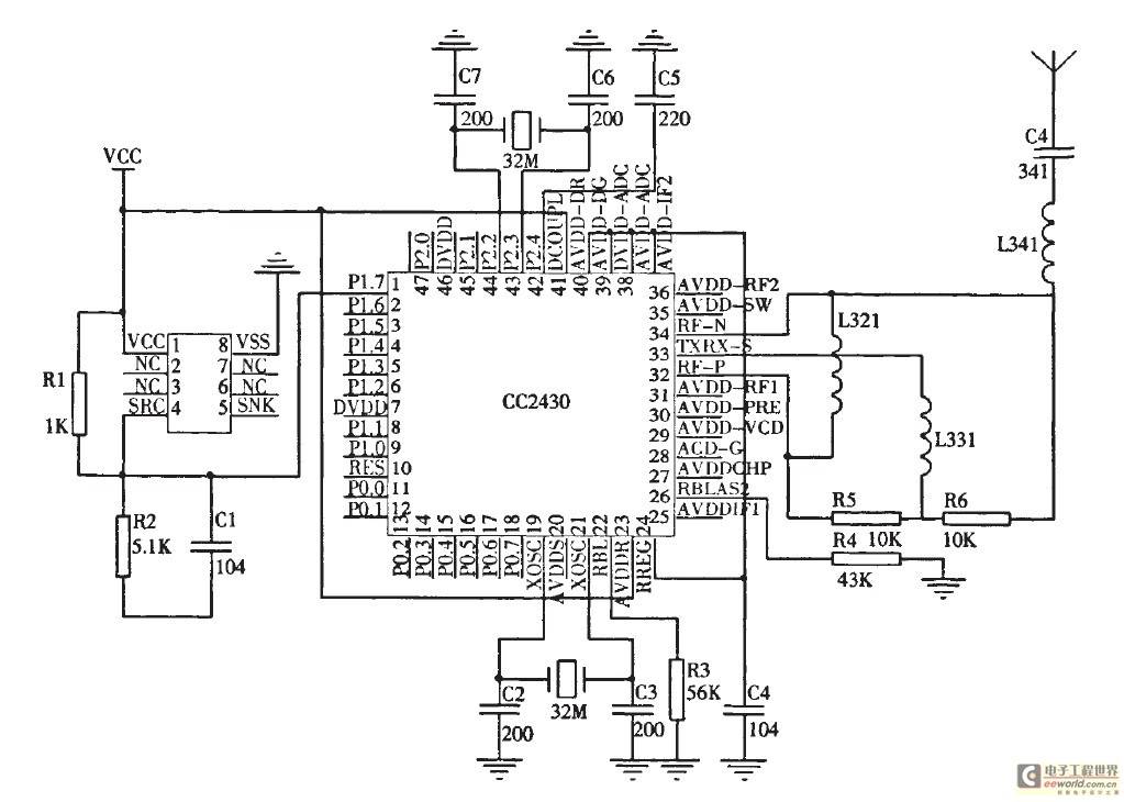电路图本设计采用cc2430无线通信模块,cc2430芯片是首款符合zigbee