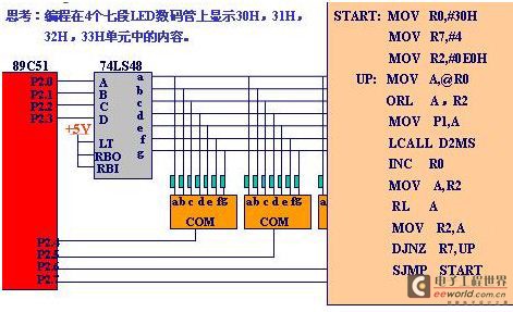 The circuit and program to display 1234 on 4 seven-segment LED digital tubes