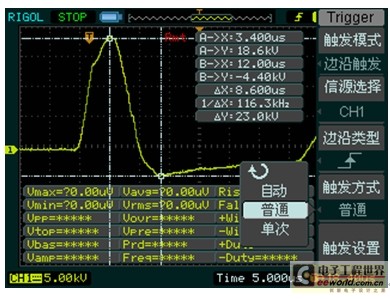 图2 RIGOL DS1000单次和普通方式捕捉波形。