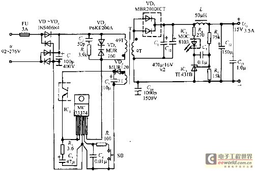 由MC33374T/TV构成52W开关电源的电路
