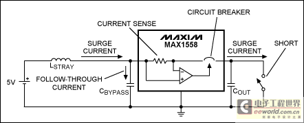 Figure 1. This diagram shows the current path during a hard short and the path for the follow-through current that is driven by stray inductance.
