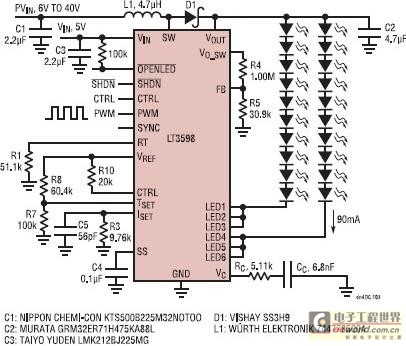 用于驱动两串90mA LED的驱动电路图