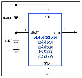 Figure 5. A very large capacitor (0.47F in this case) can serve as a backup battery in systems with low quiescent current.