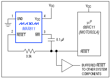 Figure 8. These connections allow dual control of the buffered reset line, and extend the duration of resets issued by the µP.