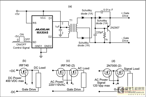 Figure 1. This transformer-coupled FET driver (a) suits a variety of applications: DC power and load (b); AC power and load (c); and AC power signal and load (d).