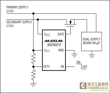 图5. 主电源上电后，MAX6819接通第二路电源。板上电荷泵增强MOSFET驱动，使其导通电阻最小。