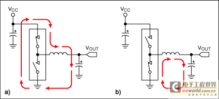 Figure 2. These diagrams illustrate current paths during step-down DC-DC converter's charge (a) and discharge (b) cycles.