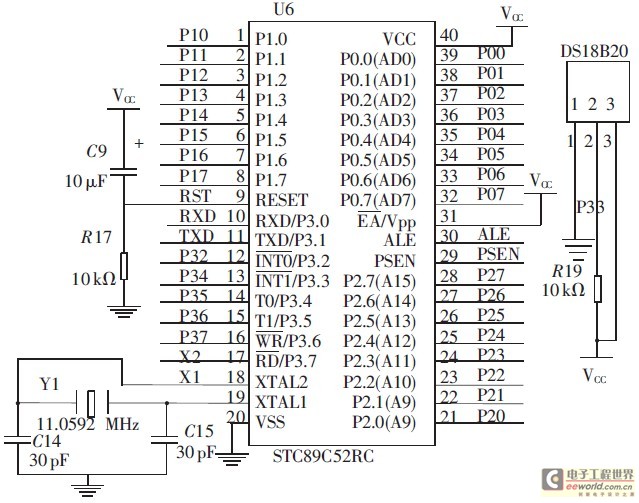 Figure 2 Connection circuit diagram of STC89C52RC microcontroller module and DS18B20