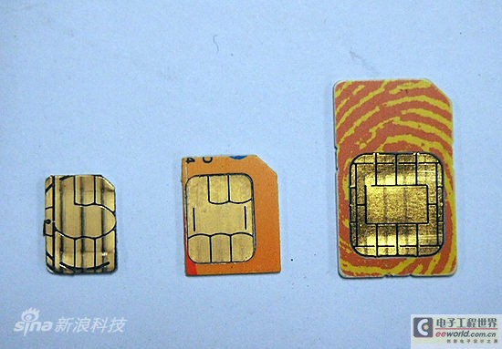 自左至右 nano-SIM，micro-SIM，标准SIM卡