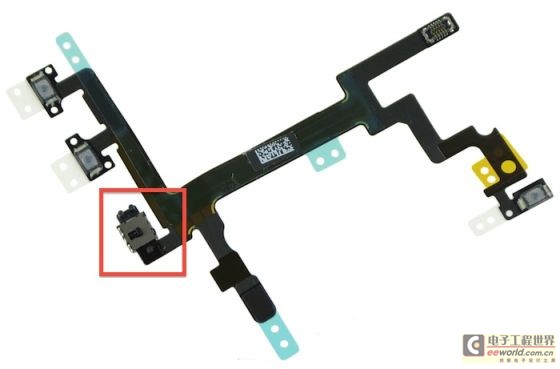 目前iPhone 5的音频控制电缆与静音开关盒装在红(来源：iFixit)